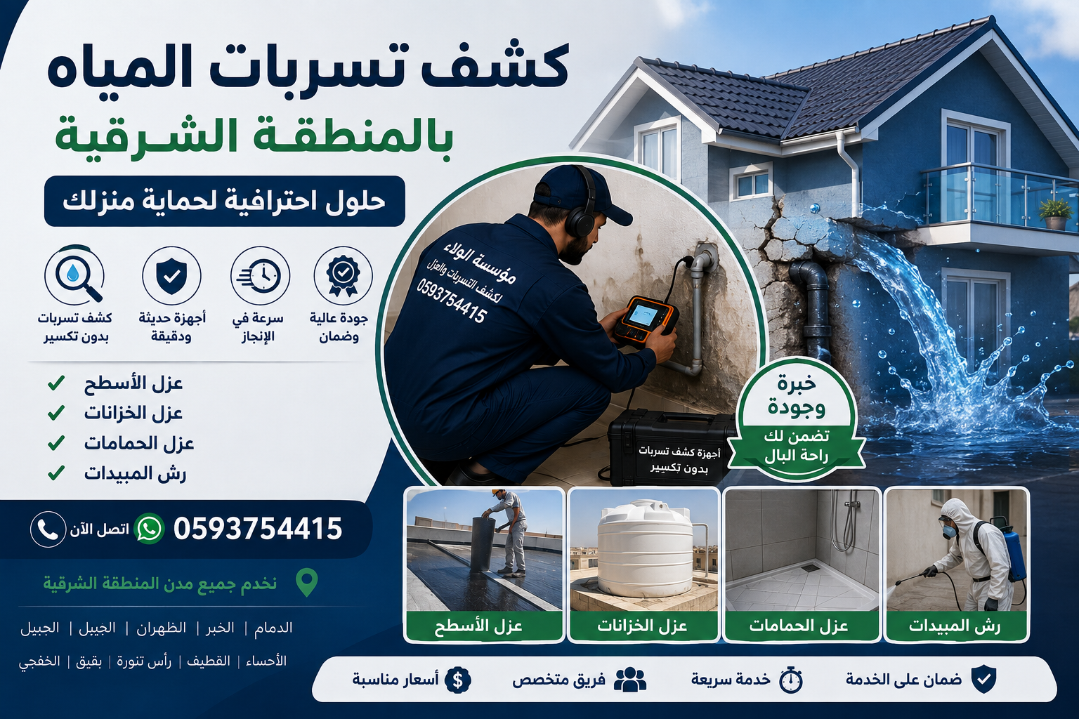 فني من مؤسسة الولاء يستخدم جهاز كشف تسربات المياه بدون تكسير في المنطقة الشرقية بالمملكة العربية السعودية.