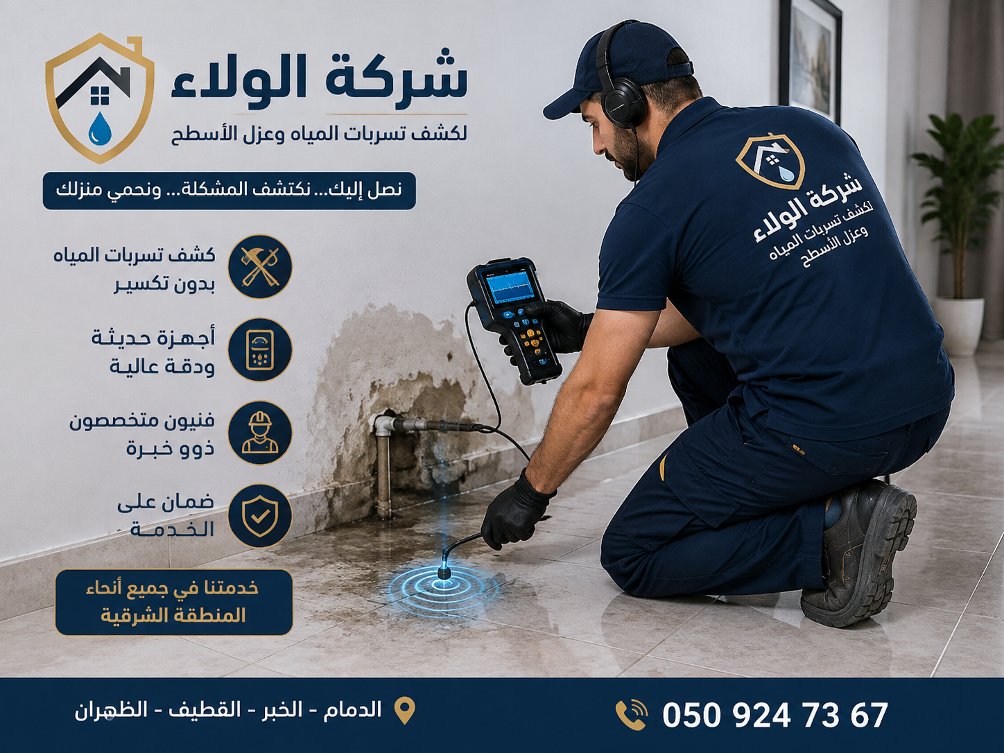 عامل فني من شركة الولاء يستخدم جهازًا حديثًا لكشف تسربات المياه وتحديد مكان التسرب بدون تكسير.
