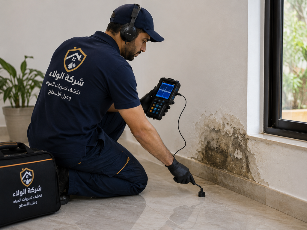 عامل فني من شركة الولاء يستخدم جهازًا حديثًا لكشف تسربات المياه وتحديد مكان التسرب بدون تكسير.
