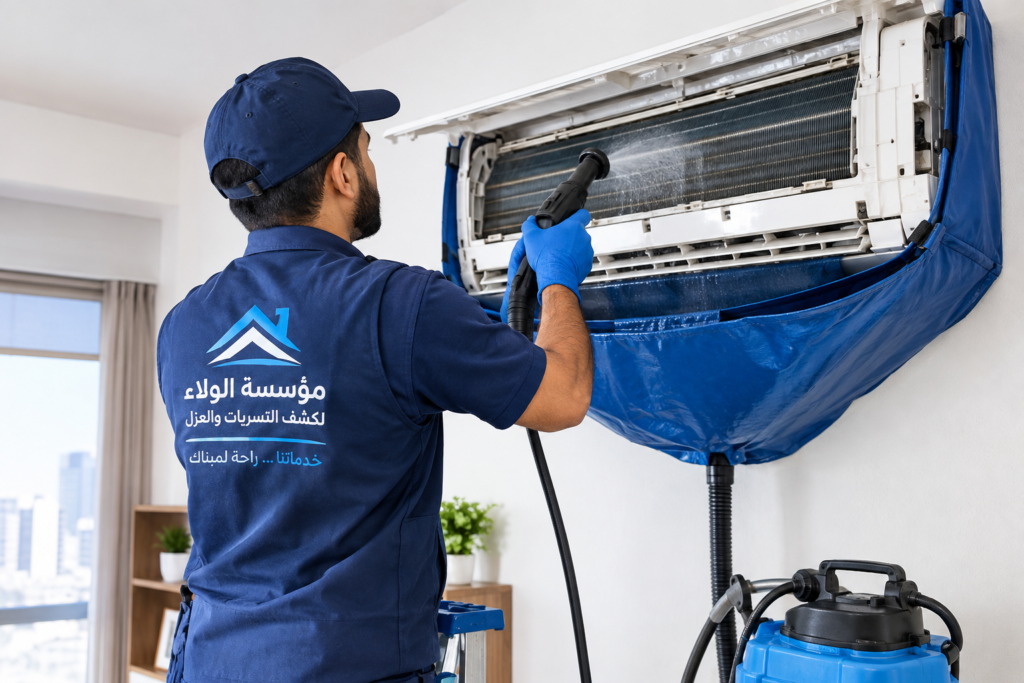فني متخصص يقوم بتنظيف المكيفات في الرياض والدمام