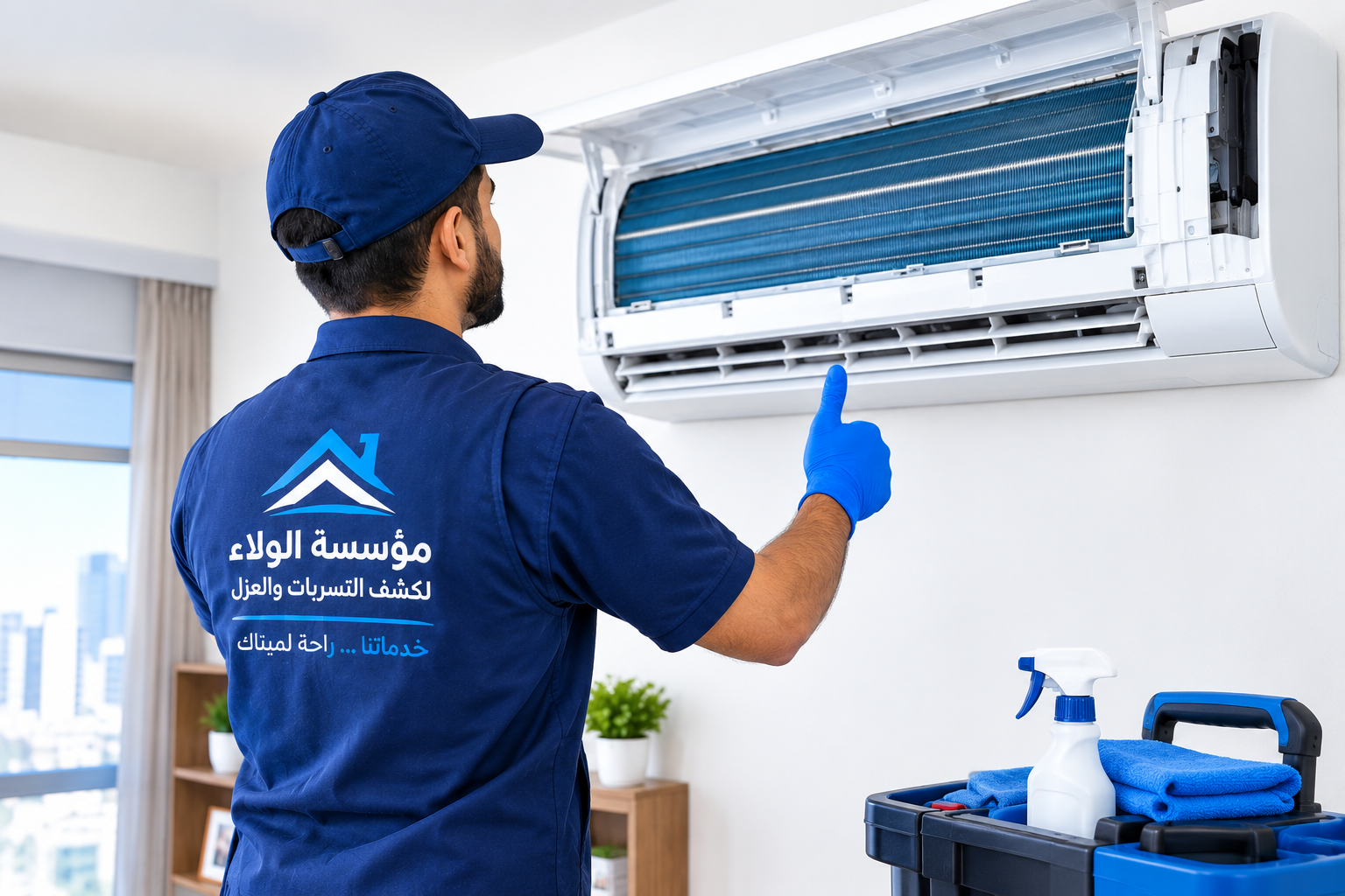 فني متخصص يقوم بتنظيف المكيفات في الرياض والدمام